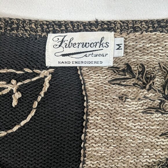 Fiberworks Hand Embroidered Brown Leaves Knit Cardigan Sweater Button M Black - Picture 2 of 15